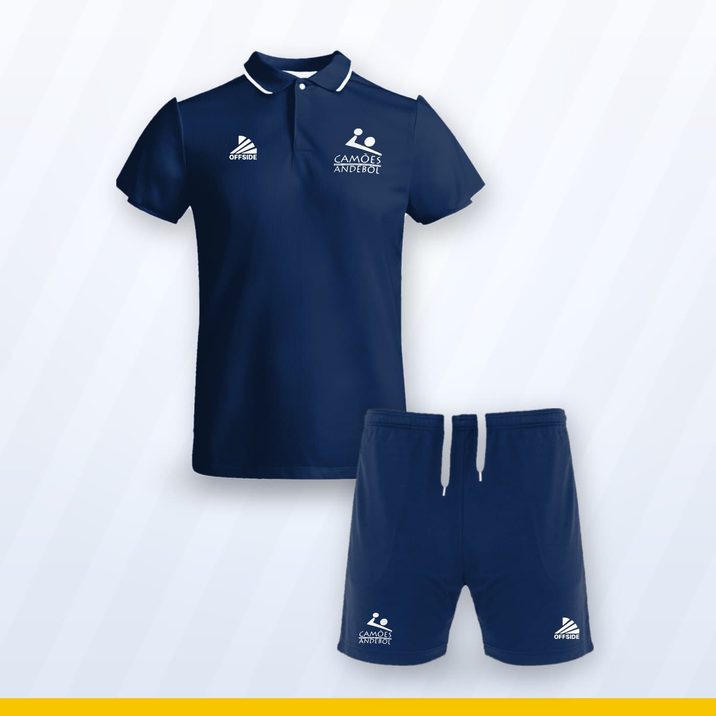 Kit saída azul-escuro do Camões Andebol: polo e calções