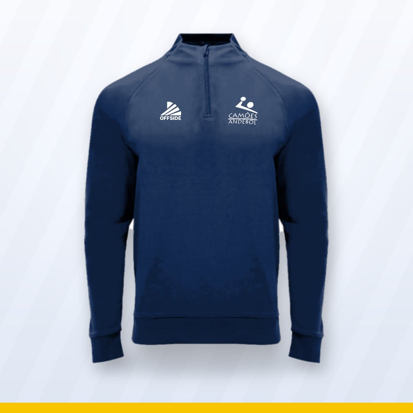 Quarter zip azul-escuro com o símbolo do Camões Andebol