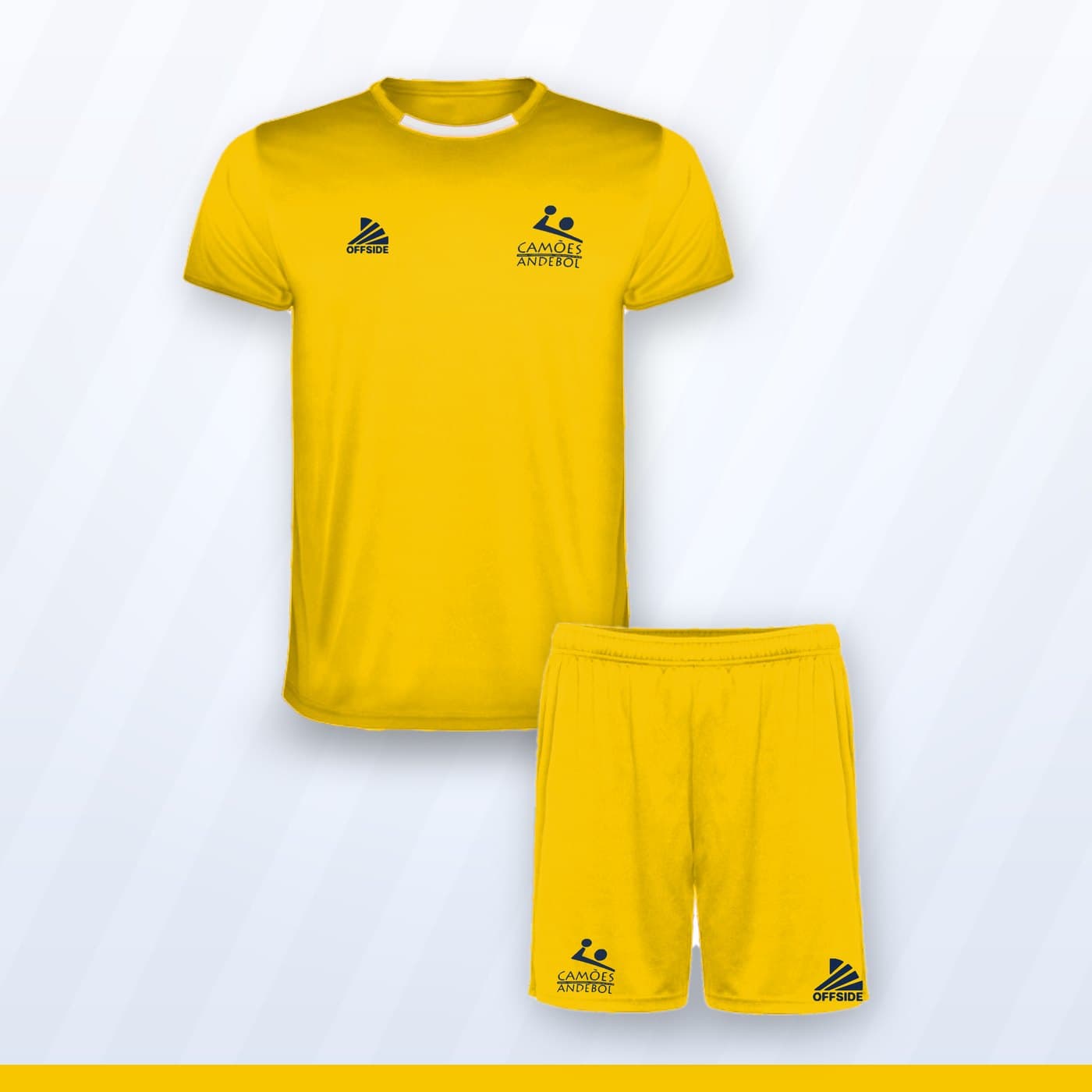 Equipamento de treino amarelo do Camões Andebol: t-shirt e calções