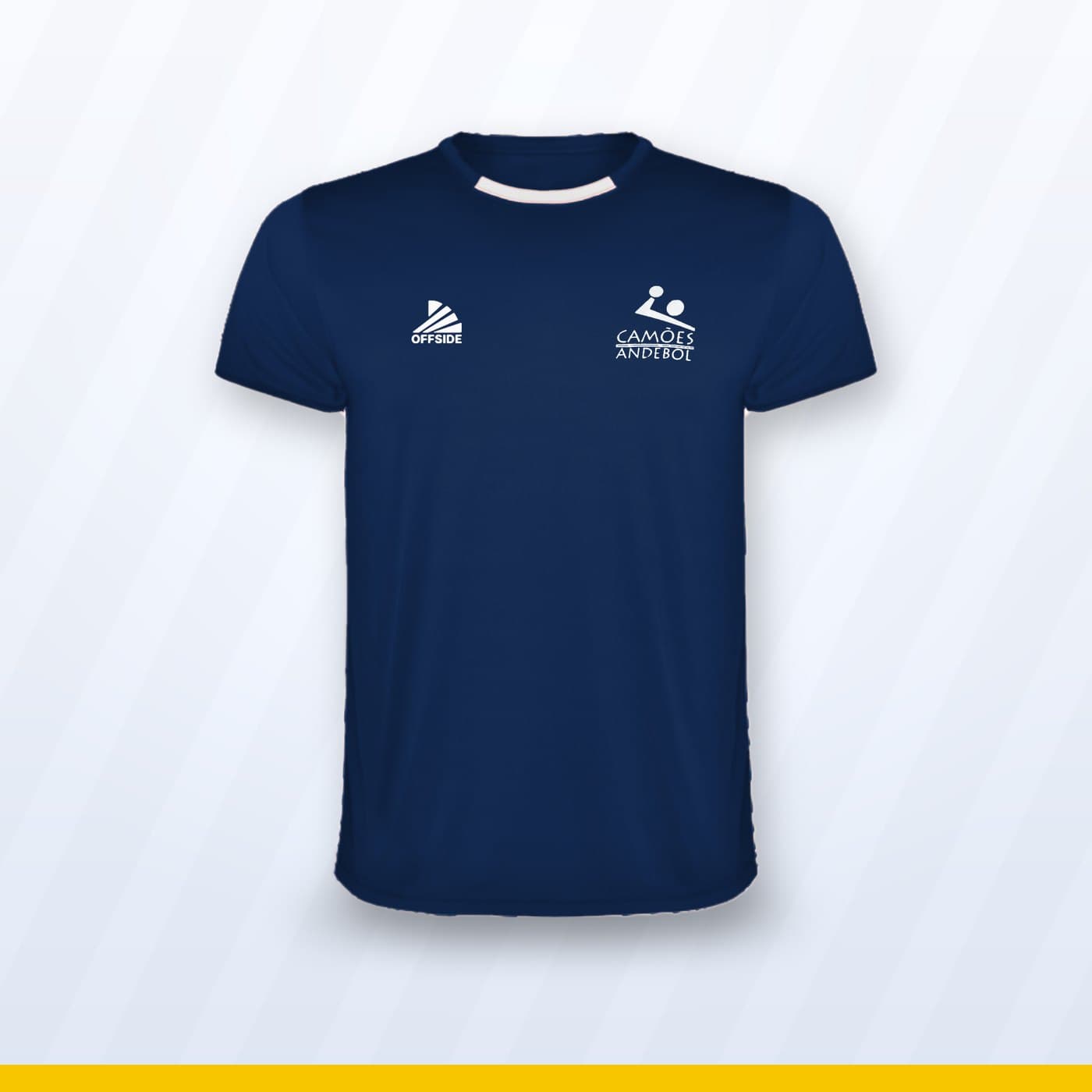 T-shirt de treino azul-escura com o símbolo do Camões Andebol